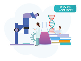 vector people scientists research in laboratory process. Vector flat cartoon illustration