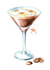 Espresso martini cocktail with coffe grains. Watercolor hand drawn illustration, isolated on white background