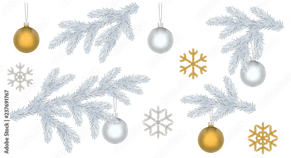 Wall mural fir tree spruce branches set with christmas balls and shiny snowflakes for banners and cards. new ye