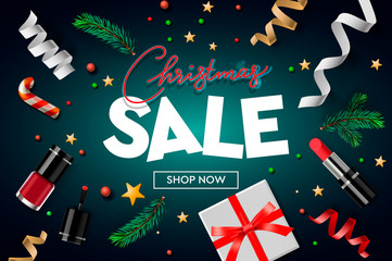Christmas sale poster template with Christmas ornaments, gifts, nail, lipstick, stars, confetti and fir branches. Online shopping, website poster, vector illustration.
