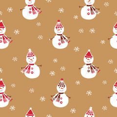 Christmas seamless pattern with cute snowmen for gift wrap, textile, wallpapers and scrapbook. Happy New Year 2019. Doodles, sketch for your design. Vector.