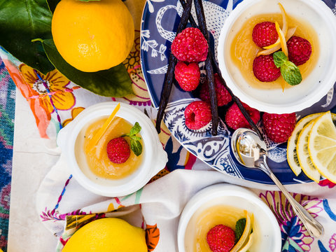 Meyer Lemon Panacotta topped with Raspberries
