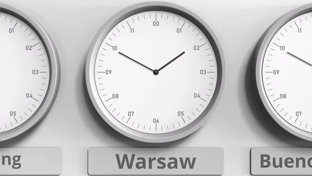 Round clock showing Warsaw, Poland time within world time zones. 3D animation