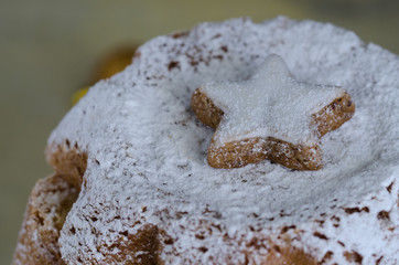 Close up of Pandoro, Italian Christmas cake, with star cookie decoration. Beautiful Xmas food concept.Copy space.