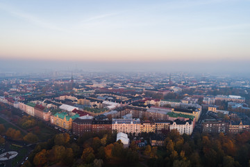 Fototapeta premium Helsinki Finland seen from the air on a foggy autumn morning