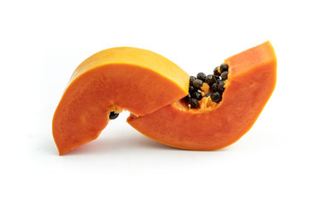 Ripe papaya is a healthy fruit. Properties as medicine. Use as a diuretic, diuretic to help heal laxative. The name is scientific : Carica papaya. isolated on white background and clipping path.