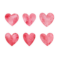 Valentines day, aquarelle illustration. Set of hand painted watercolor hearts. Isolated objects perfect for Valentine's day card or romantic post cards. Design heart elements for valentine message.