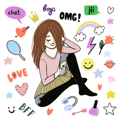 Teen girl is texting. Girl with a phone and other elements. Vector isolated illustration.
