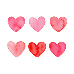 Valentines day, aquarelle illustration. Set of hand painted watercolor hearts. Isolated objects perfect for Valentine's day card or romantic post cards. Design heart elements for valentine message.
