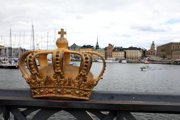 Golden crown on Skeppsholm bridge ,Stockholm , Sweden