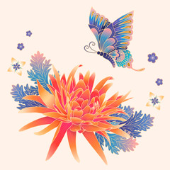 Fototapeta na wymiar Elegant chrysanthemum and butterfly