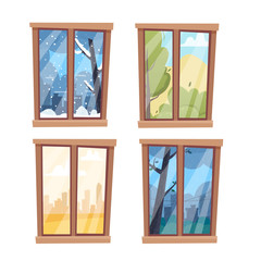 Windows with seasons and weather landscapes. Flat cartoon style