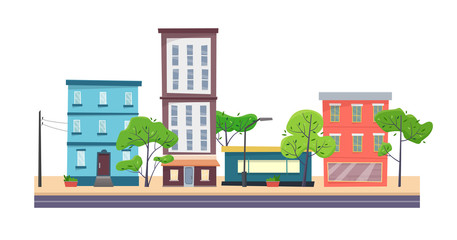 Houses on street with road in city. Cityscape.