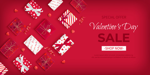 Special offer Valentine's Day Sale. Discount flyer, big seasonal sale. Horizontal Web Banner with holiday gift Boxes in different packaging, heart candy, serpentine on red background. Vector 