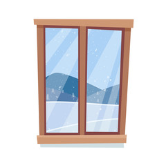 Window with winter landscape. Flat cartoon style