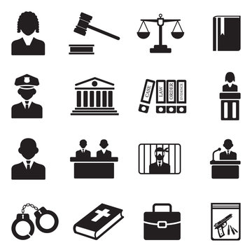 Law, Judge and Court Icons. Black Flat Design. Vector Illustration.