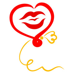 Flying heart-shaped balloon with a female kiss