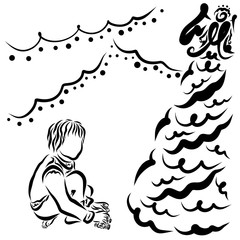 boy playing with toys next to a xmas tree, black outline