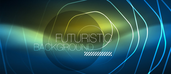 Neon glowing lines, magic energy space blue light concept, abstract background wallpaper design