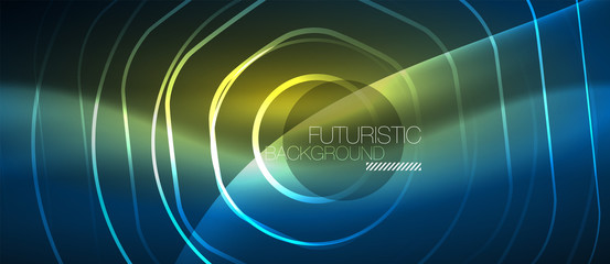 Neon glowing lines, magic energy space blue light concept, abstract background wallpaper design