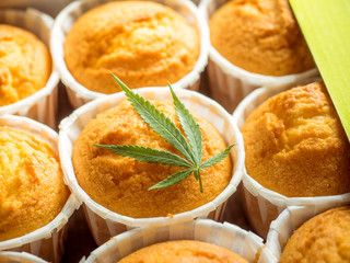 Freshly baked cinnamon mini muffins with cannabis and buds of marijuana on the table. Concept of cooking with cannabis herb. Treatment of medical marijuana for use in food.