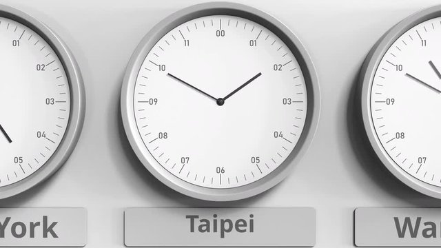 Focus on the clock showing Taipei, Taiwan time. 3D animation