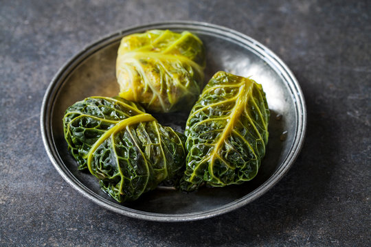 Cabbage rolls stuffed with mushrooms, leek and bulgur wheat