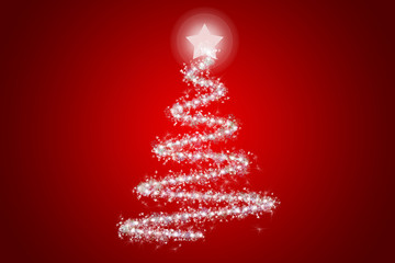 Felicitación de navidad roja con pino brillante.