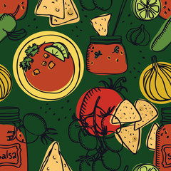 Vegetarian food collection Delicious tomato salsa with chips Seamless pattern Green background