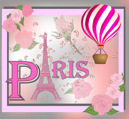 Fototapeta na wymiar Romantic background with Eiffel Tower and pink roses.