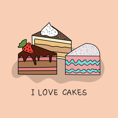 Set of sweet cake slices, Vector cartoon style.