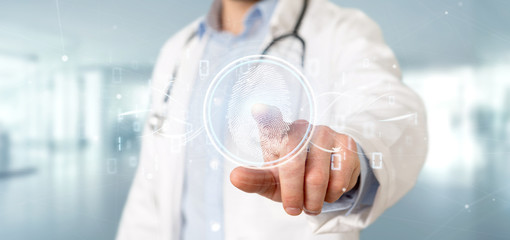 Doctor holding a Digital fingerprint identification and binary code 3d rendering