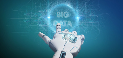 Cyborg hand holding a Big data title 3d rendering