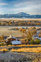 Beautiful winter sunrise over snowy mountain town