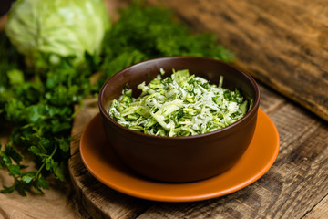Obraz na płótnie Canvas fresh cabbage salad in a clay plate
