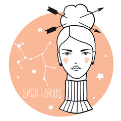 Sagittarius girl. Sketch style woman with zodiac