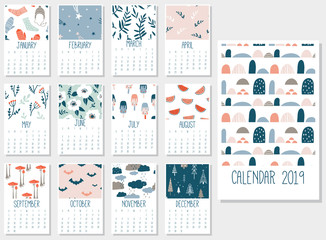 Cute monthly calendar 2019 - obrazy, fototapety, plakaty