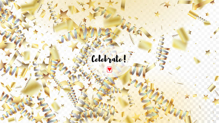 Obraz premium Modern Realistic Gold Tinsel Confetti, Flying Foil Blast. Cool Rich VIP Christmas, New Year, Birthday Party Holiday Frame. Horizontal Mystical Night Sky Background. Realistic Gold Tinsel Confetti