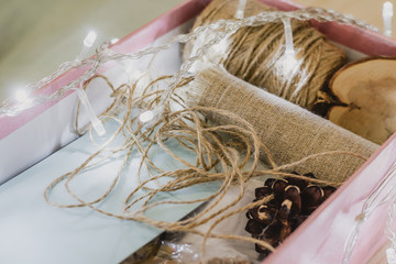 handmade. needlework, burlap and twine, box for creative work, make gift packaging for the holiday