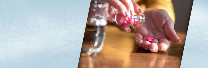 Female hands taking medication, hard light. panoramic banner