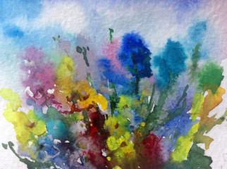 Abstract bright colored decorative background . Floral pattern handmade . Beautiful tender romantic bouquet of summer meadow flowers , made in the technique of watercolors from nature.