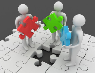 3d people holding different puzzle pieces standing on puzzle with missing piece