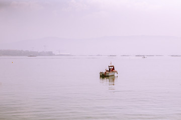 Obraz premium Single sailing boat in calm water