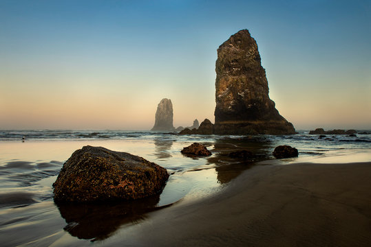 beautiful seascape on cannon beach and blue sky