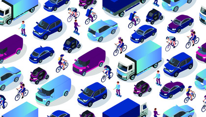 Isometric car collection. City mode of transport. Off-road, sedan, mini, electric car, truck, bicycle, giro board. Vector isometric 3d transportation. Road traffic  illustration 