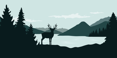 elk by the river green forest wildlife nature landscape vector illustration EPS10