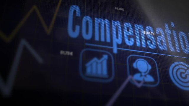 Compensation business concept on a flashing computer monitor with moving graphs and data.