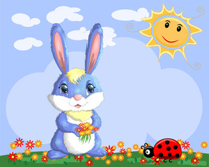 Bunny with a bouquet in a meadow near the rainbow. Spring, love, postcard