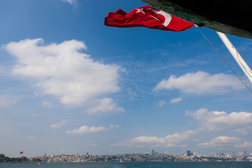 View from ferry across Bospor strait in Istanbul, Turkey