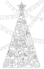 New year and Christmas tree. Black and white graphic doodle hand drawn sketch for adult or kid coloring book.